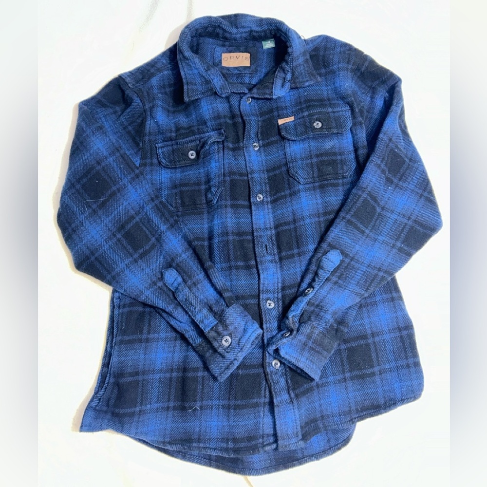 Orvis Mens Large Heavy Flannel Shirt Jacket Blue Black Plaid Lumberjack Shacket